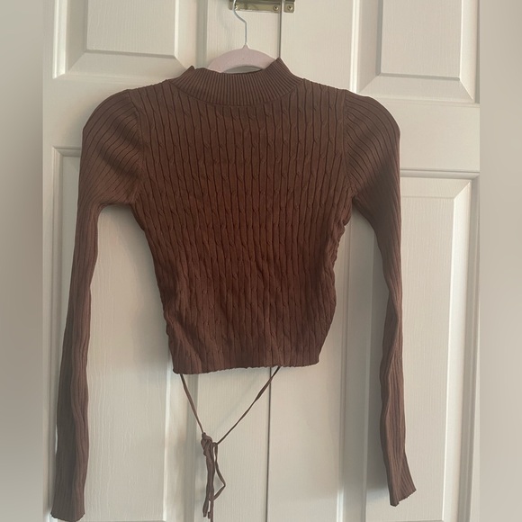 Rib Knit Sweater Open Back Medium Tie Back Turtleneck - Picture 1 of 7